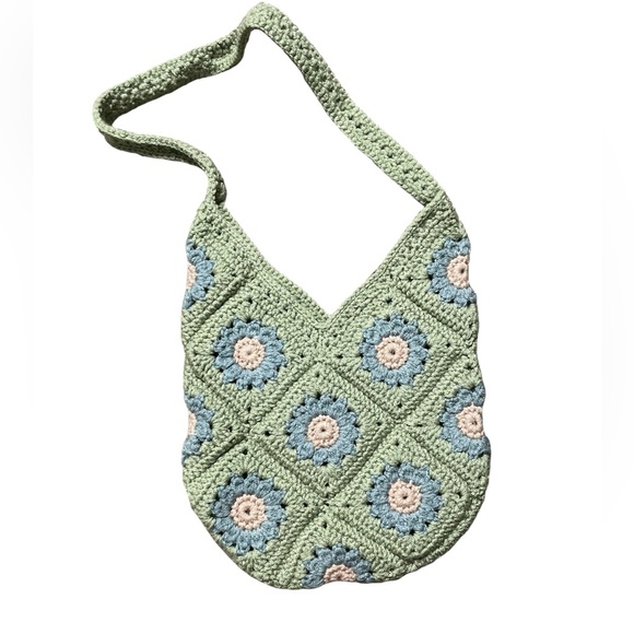 Handmade crochet granny square green small market tote bag - Picture 2 of 5